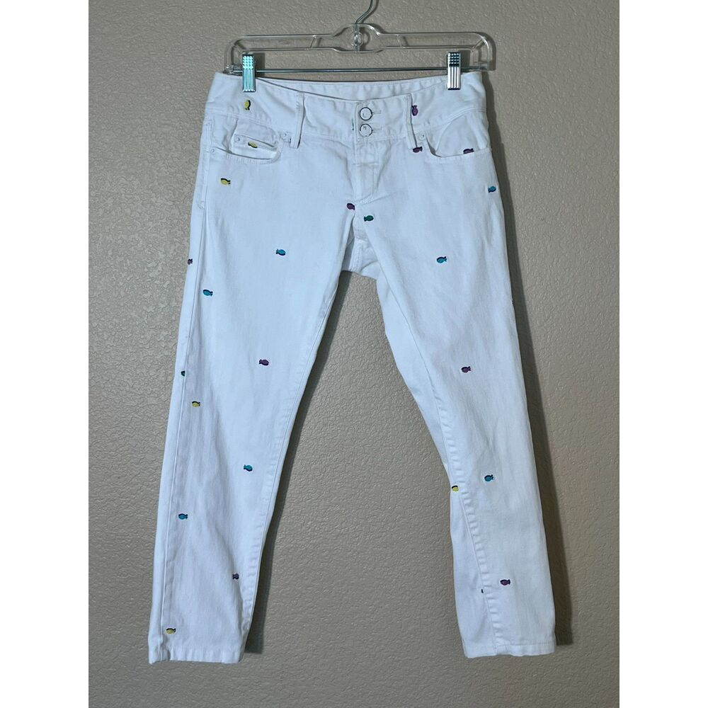 Lilly Pulitzer White Skinny Crop Denim Fish Size 2 Embroidered Mainline Preppy